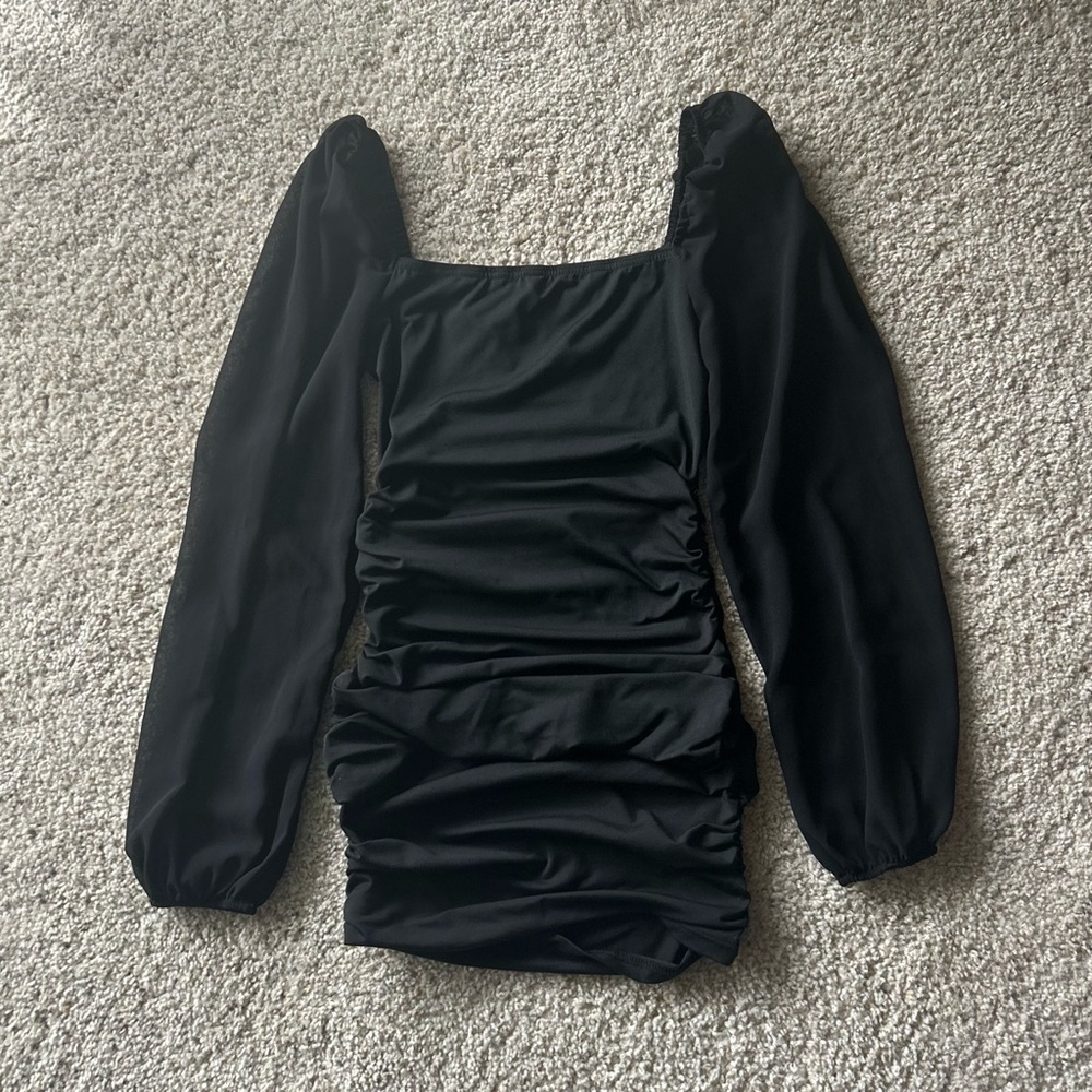 Black Shein Long Sleeve Ruched Bodycon Mini Dress